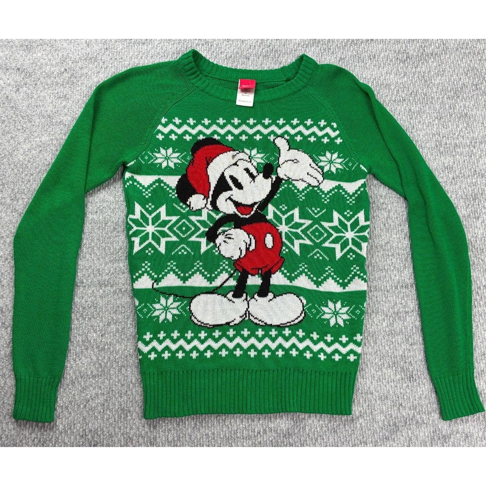 Disney Mickey Mouse Womens XS Green Christmas Sweater Fair Isle Holiday JW0623